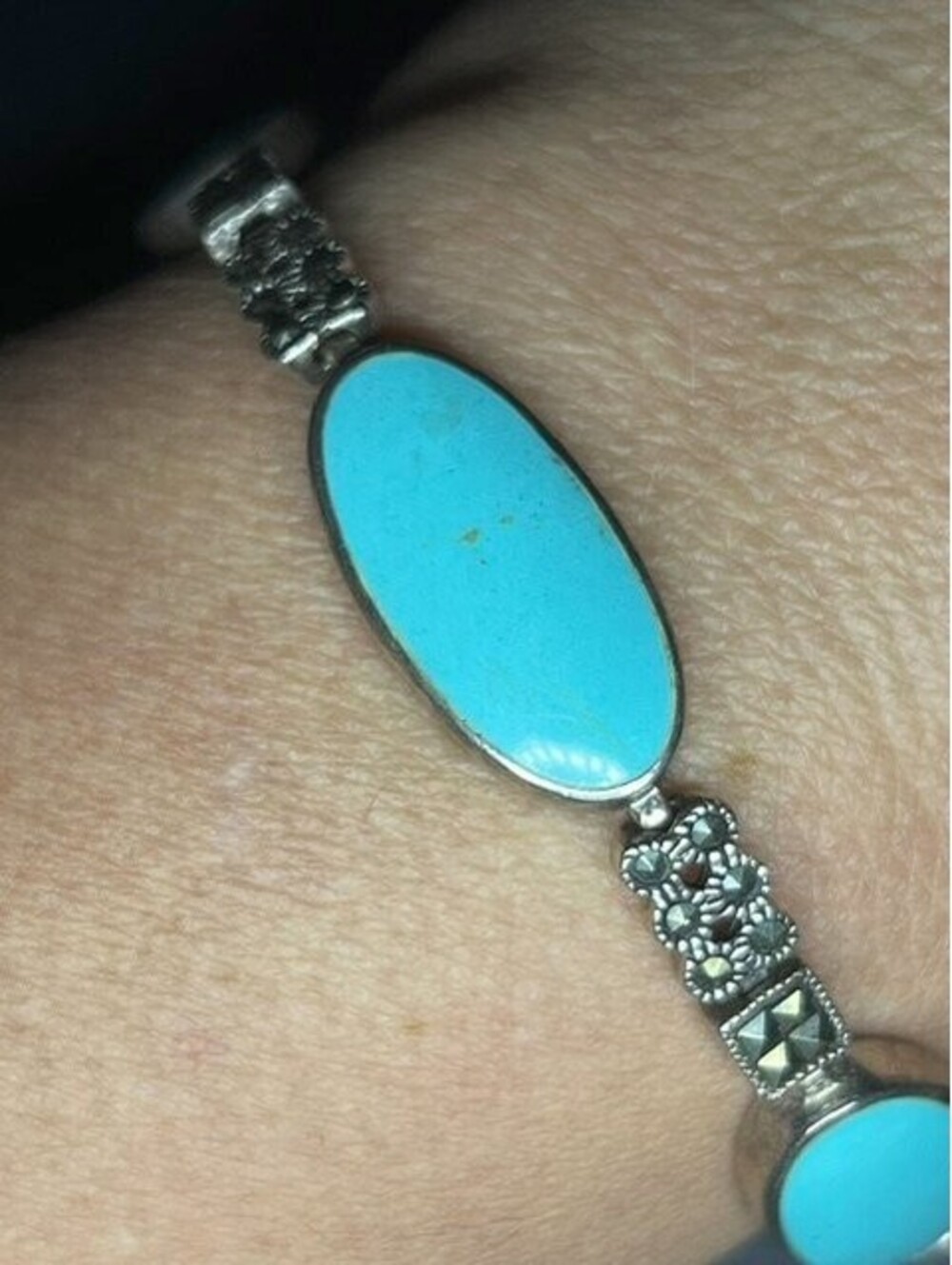 B7365 Sterling Silver Turquoise Marcasite Link Bracelet Vintage 19.8g 7.25"